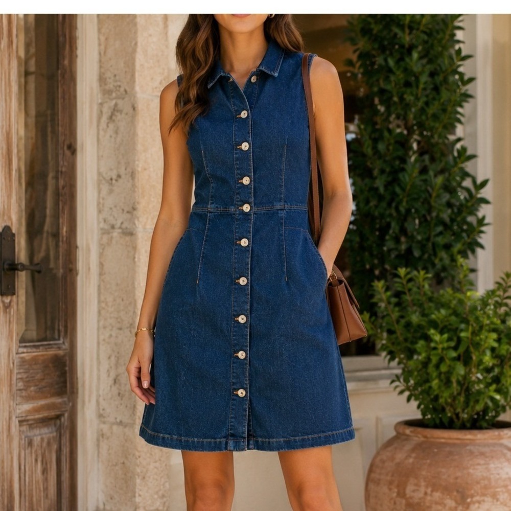 MNG Mango Denim Sleeveless Button Front Mini Dress Dark Wash‎ Blue Womens Size S